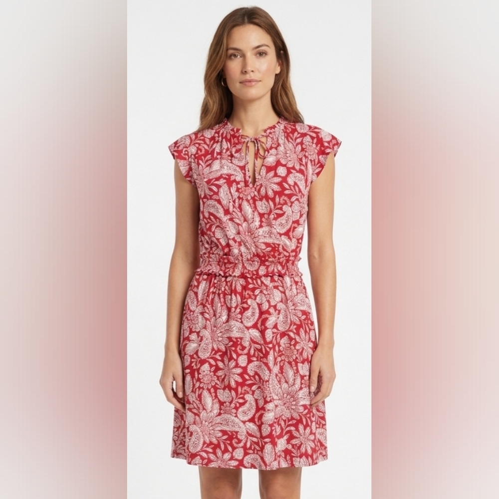 NWT LOFT Red and White Floral Tie-Neck Dress Size SP